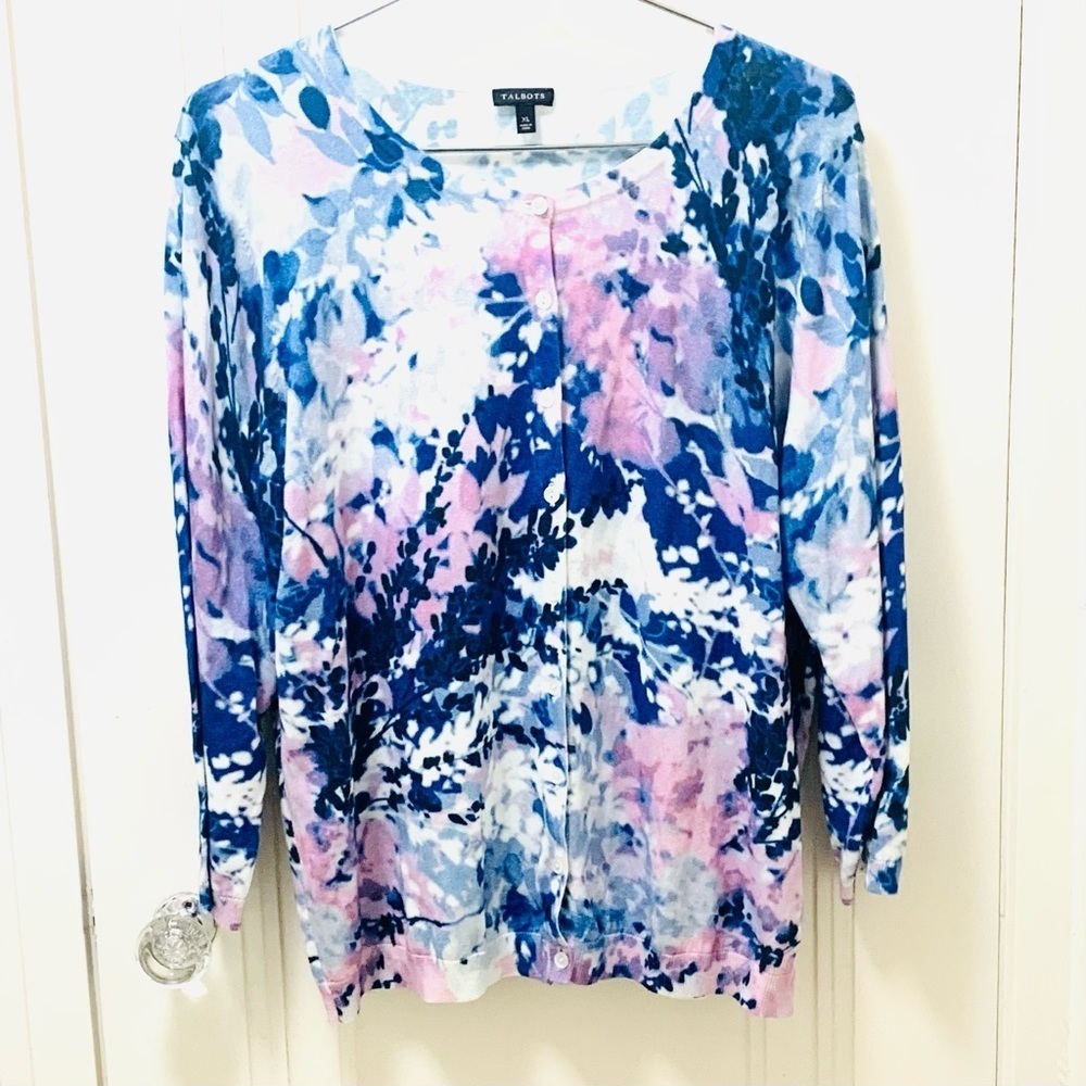 TALBOTS Woman Blue Multi Watercolor Floral 3/4 Sleeve Cardigan